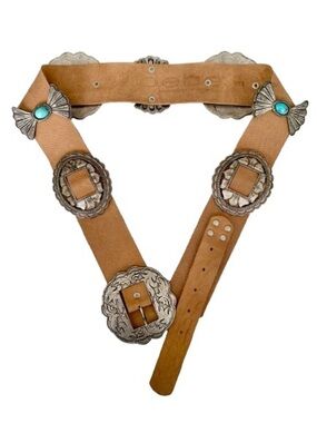 Vintage Concho Concha Turquoise Silver Tone Western Native Cowgirl Belt 34"-38"
